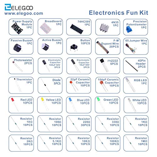 ELEGOO Electronic Fun Kit Bundle with Breadboard Cable Resistor, Capacitor, LED, Potentiometer total 235 Items for Arduino